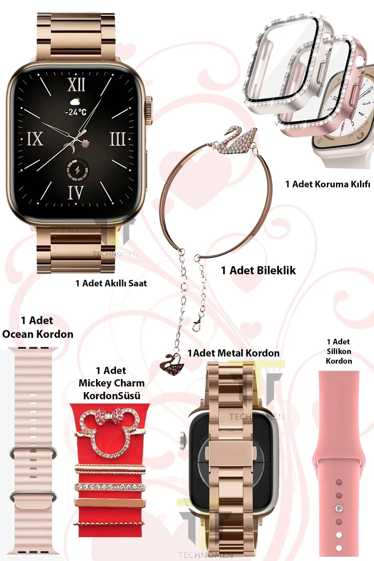 G9 Mini Plus Rose Gold Smart Watch 41 Mm 3 Kordon Mickey Charm Bileklik Hediyeli Akıllı Saat